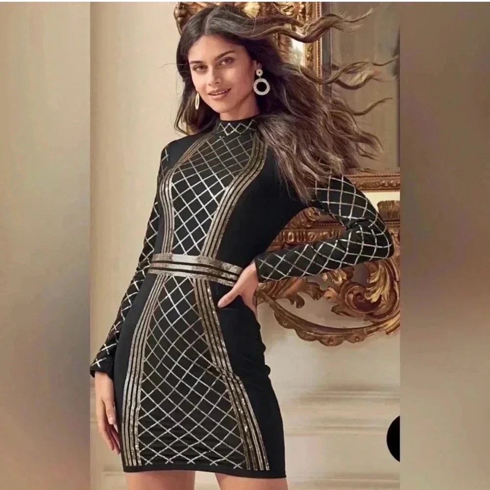 VENUS Black and Gold Long-Sleeve Grid Bodycon Dress